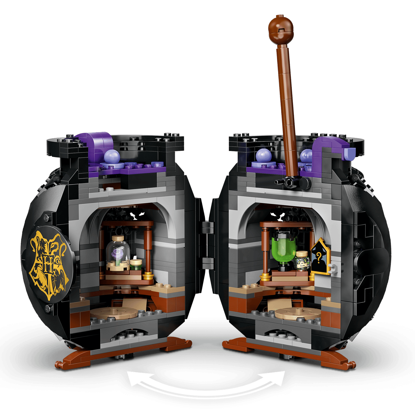 The Harry Potter™ Cauldron: Secret Potions Classroom by Legos - Toyhouse is a round black cauldron that opens to reveal two detailed potions classroom scenes with mini accessories and potion bottles inside.