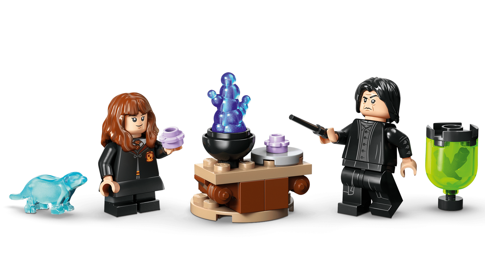 Two wizard minifigures from Legos - Toyhouse’s Harry Potter™ Cauldron: Secret Potions Classroom stand by a table with a cauldron, potion accessories, green jar, and blue animal—ideal for Harry Potter fans or room decor.