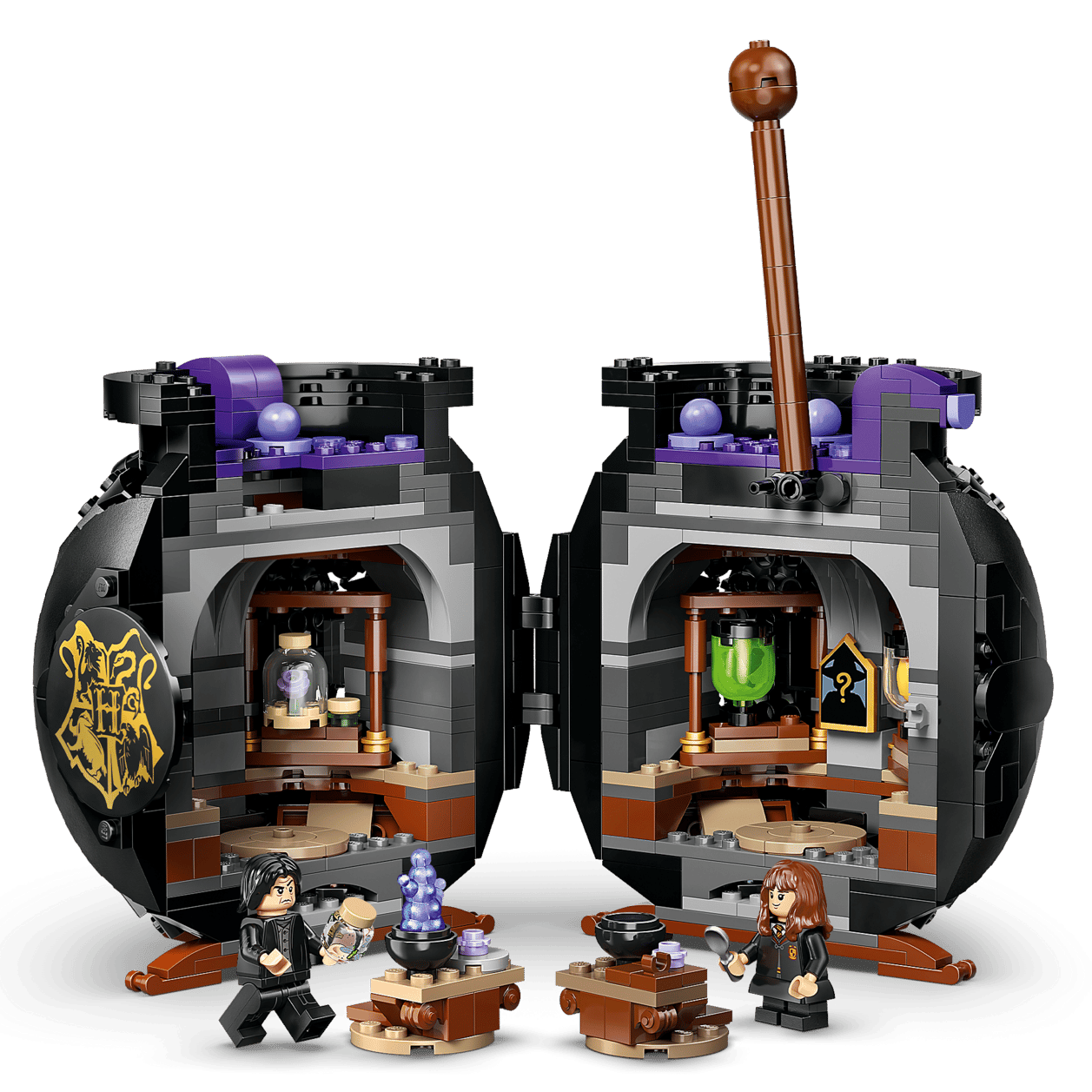 The Legos - Toyhouse Harry Potter™ Cauldron: Secret Potions Classroom set features a foldable book-shaped case with two minifigures, tables, potions, and classroom details—ideal for Harry Potter room décor.