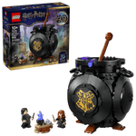 The Legos - Toyhouse Harry Potter™ Cauldron: Secret Potions Classroom set includes a round black cauldron, two minifigures, and a potion table—perfect for Harry Potter decor. The box highlights the assembled pieces and potions classroom features.