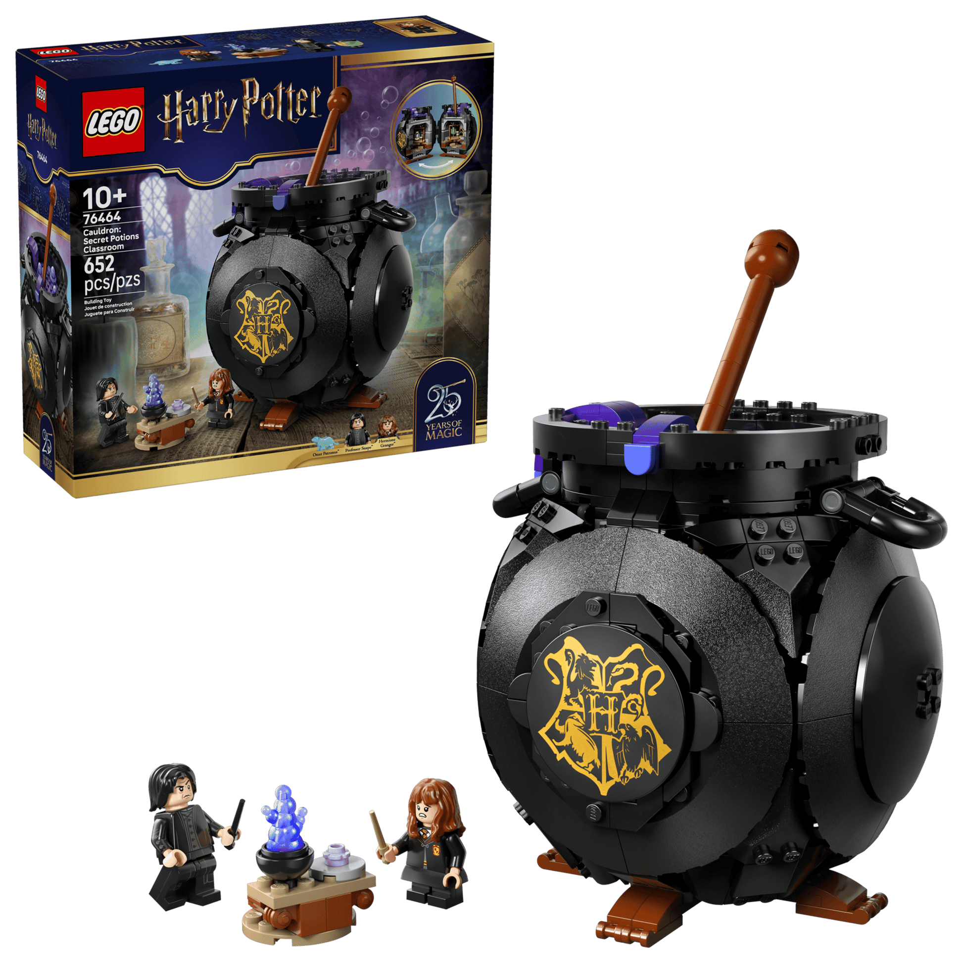 The Legos - Toyhouse Harry Potter™ Cauldron: Secret Potions Classroom set includes a round black cauldron, two minifigures, and a potion table—perfect for Harry Potter decor. The box highlights the assembled pieces and potions classroom features.