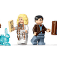 Four minifigures from the Legos - Toyhouse LEGO® Harry Potter™ Luna Lovegood's House stand in a row with accessories like a wand, spellbook, and translucent blue rabbit—perfect for building toy collections or Luna Lovegood house displays.