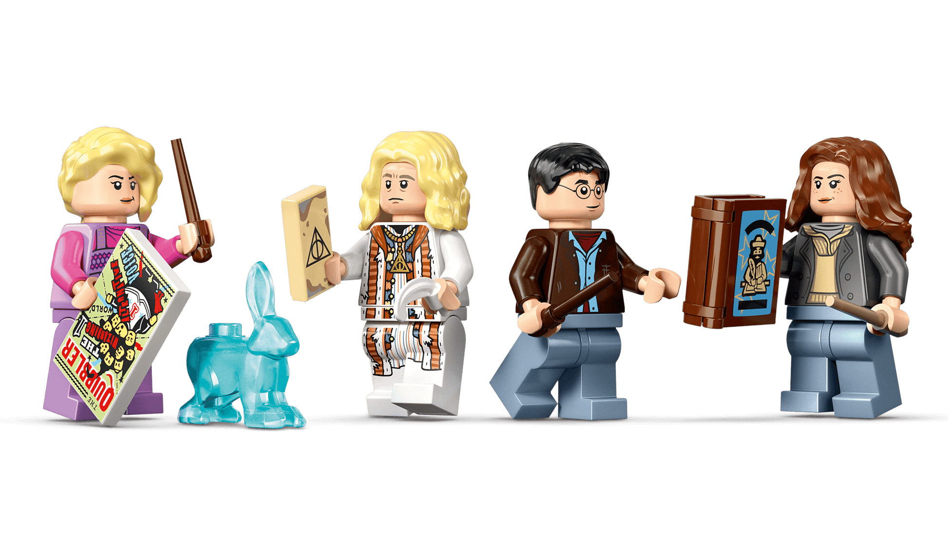 Four minifigures from the Legos - Toyhouse LEGO® Harry Potter™ Luna Lovegood's House stand in a row with accessories like a wand, spellbook, and translucent blue rabbit—perfect for building toy collections or Luna Lovegood house displays.