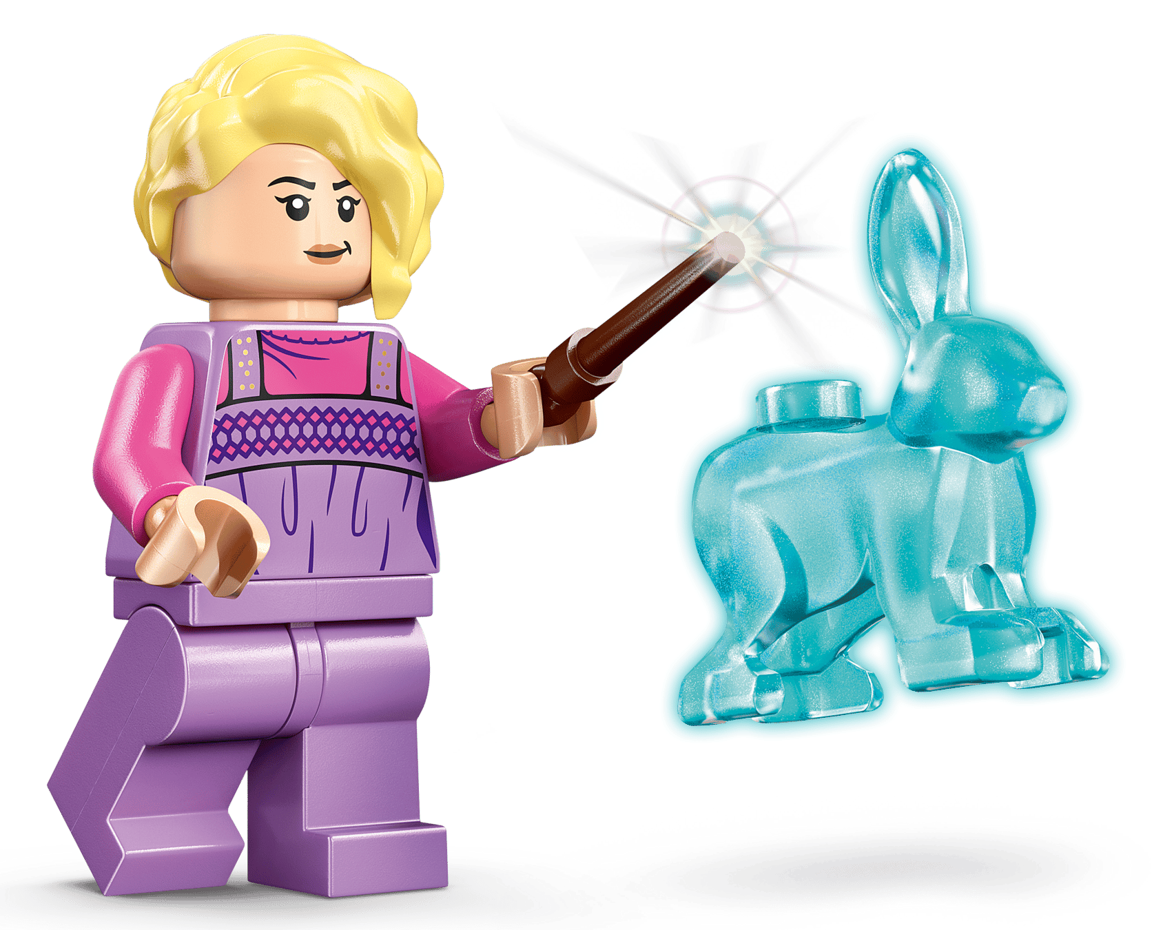The LEGO® Harry Potter™ Luna Lovegood's House by Legos - Toyhouse features a blonde minifigure in purple casting a spell to conjure a translucent blue rabbit—an enchanting addition for fans and collectors alike.