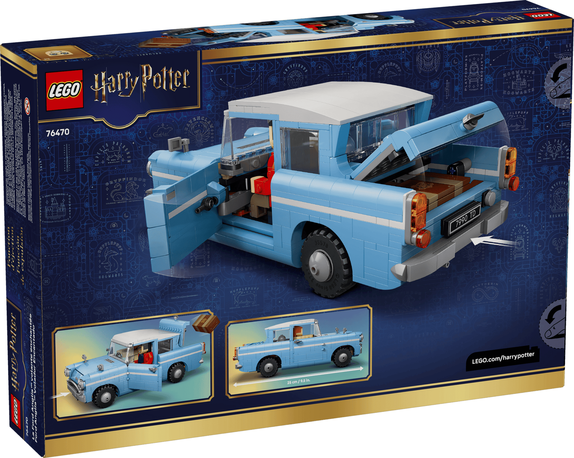 Back of LEGO® Harry Potter™ Enchanted Flying Ford Anglia™ by Legos - Toyhouse, set 76470, shows the car toy with open doors and trunk plus smaller images highlighting its fun features.