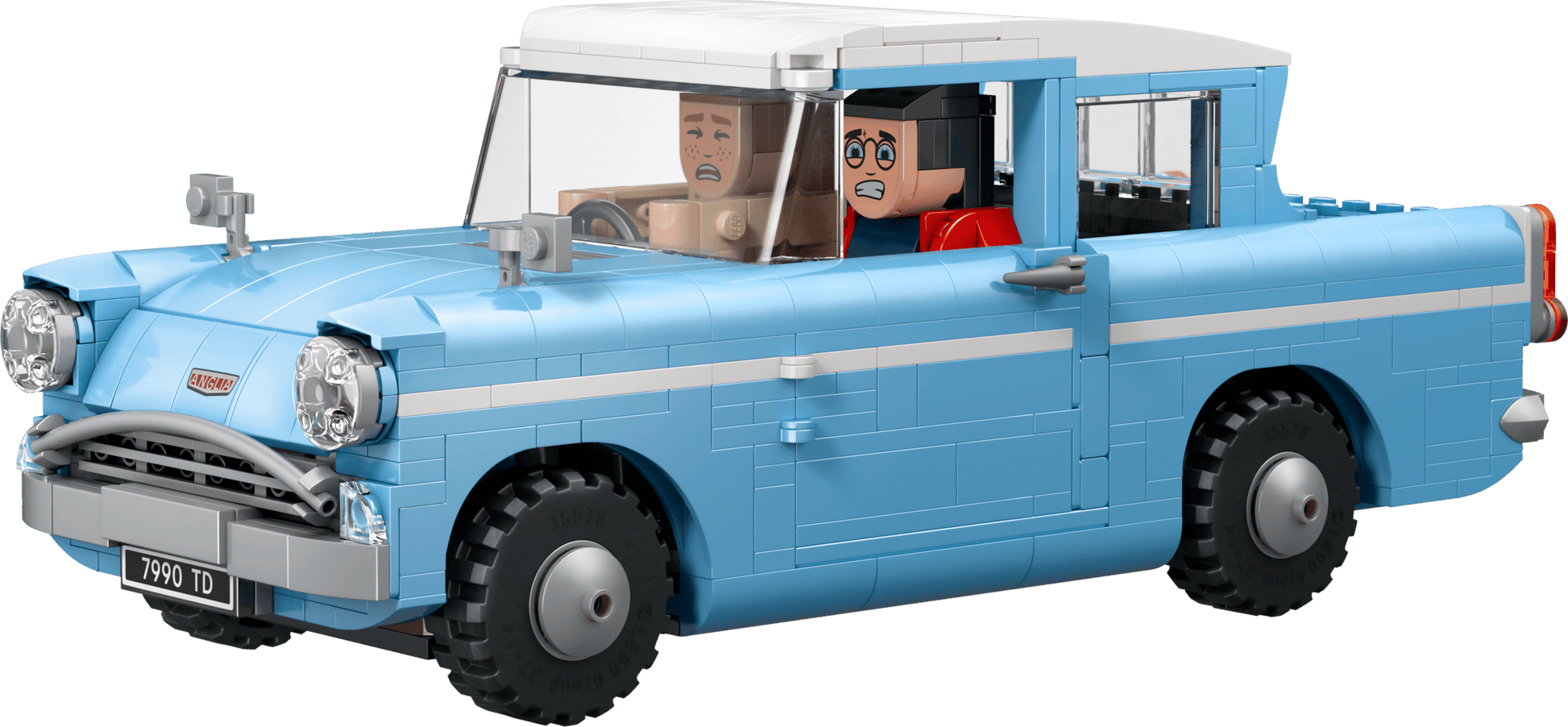 The Legos - Toyhouse LEGO® Harry Potter™ Enchanted Flying Ford Anglia™ set features a blue and white car with two minifigures inside, both surprised—one driving and one riding as a passenger.