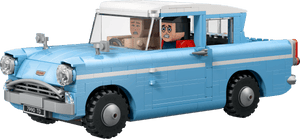 The Legos - Toyhouse LEGO® Harry Potter™ Enchanted Flying Ford Anglia™ set features a blue and white car with two minifigures inside, both surprised—one driving and one riding as a passenger.