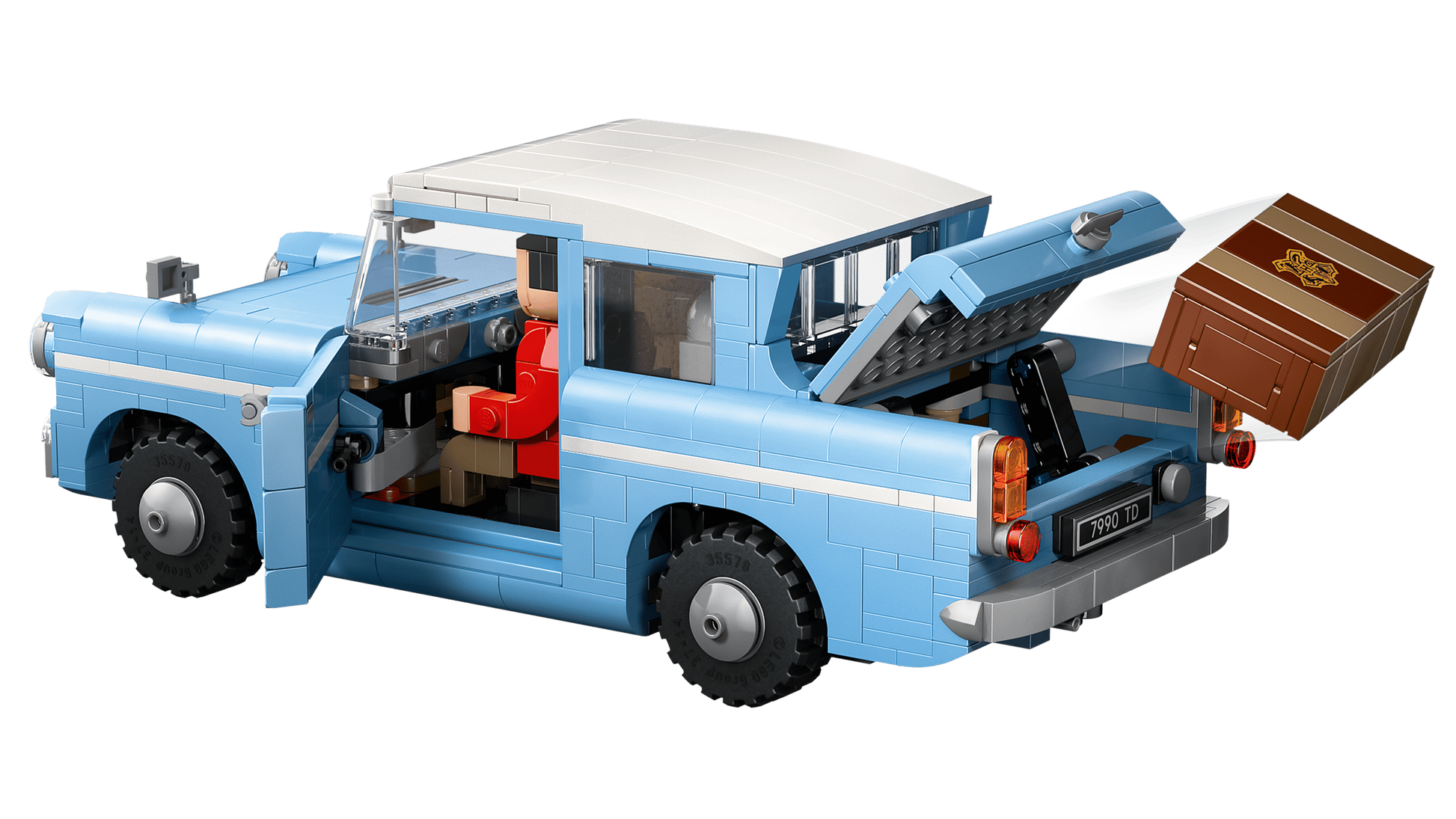 The LEGO® Harry Potter™ Enchanted Flying Ford Anglia™ by Legos - Toyhouse features an iconic blue car with an open left door and trunk, showing red seats inside and a brown suitcase partially out of the trunk.