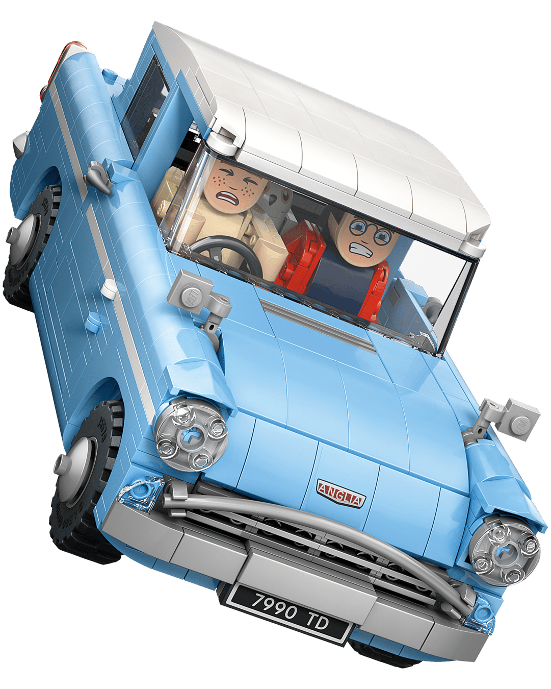 Two LEGO minifigures with surprised faces sit in the blue and white LEGO® Harry Potter™ Enchanted Flying Ford Anglia™ by Legos - Toyhouse, as the car appears airborne or tilted.