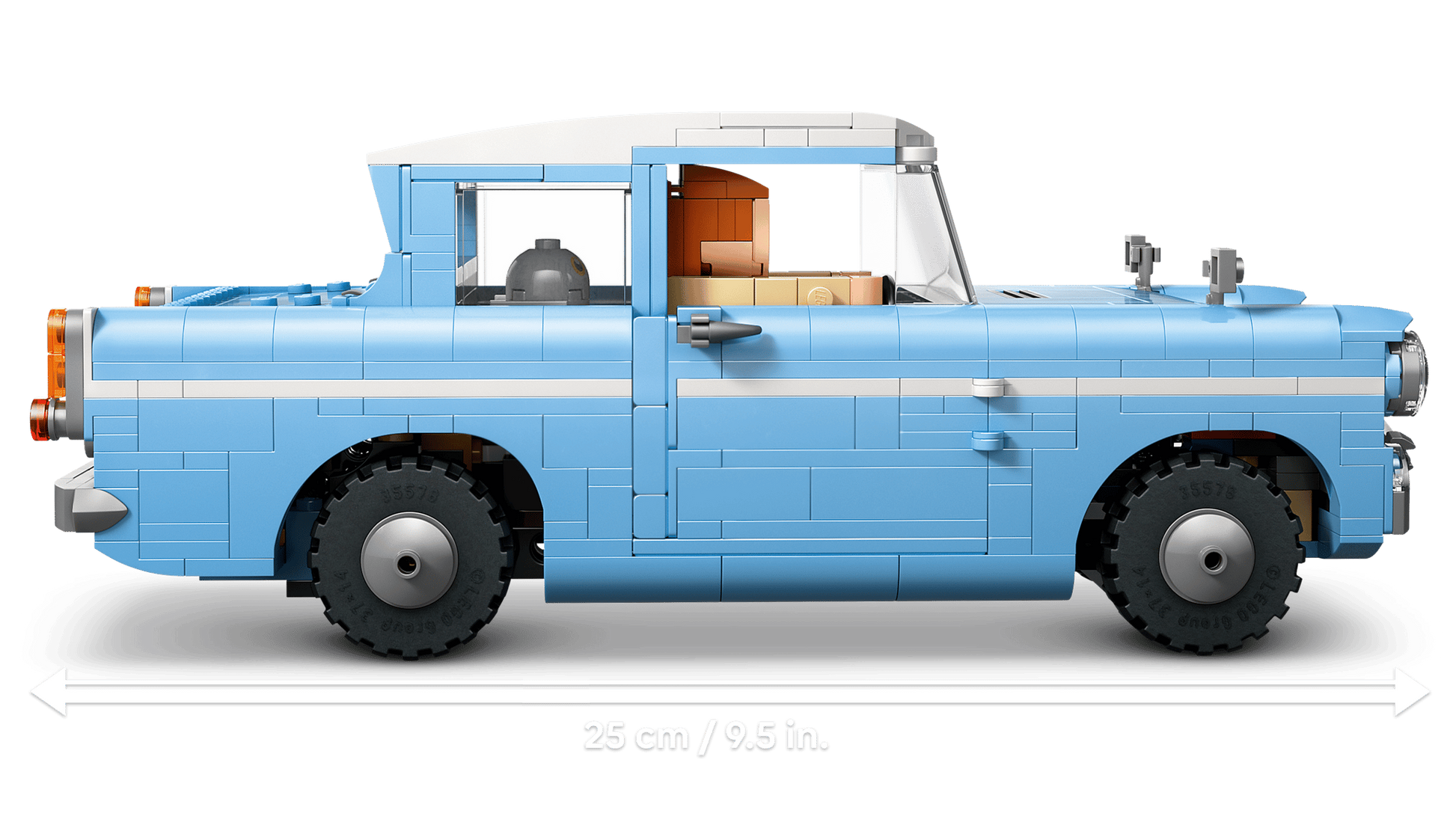 Side view of Legos - Toyhouse's LEGO® Harry Potter™ Enchanted Flying Ford Anglia™ with a blue body, white roof, orange interior, and a scale indicator showing the car is 25 cm (9.5 in) long.
