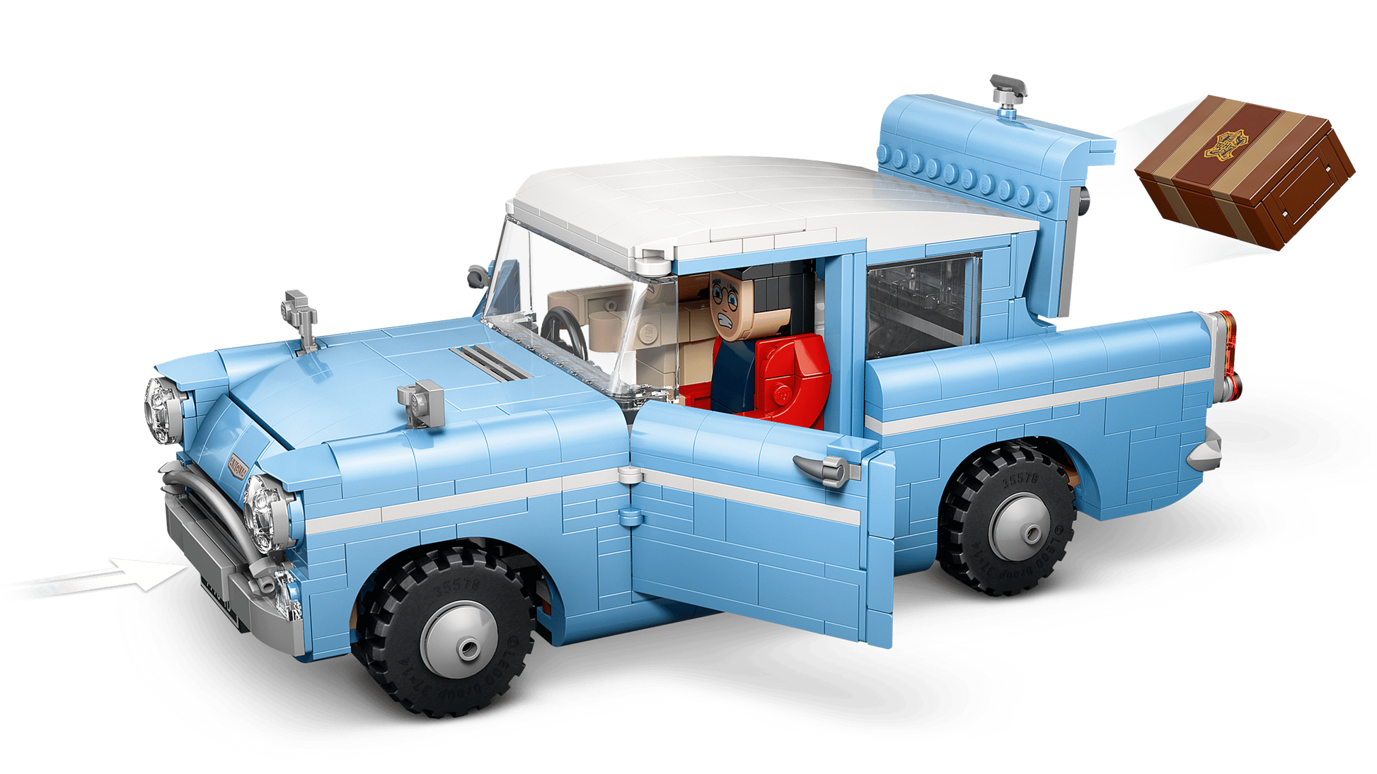 The LEGO® Harry Potter™ Enchanted Flying Ford Anglia™ by Legos - Toyhouse features blue and white colors, openable doors and trunk, two included minifigures, and a flying suitcase—perfect for LEGO Harry Potter fans.