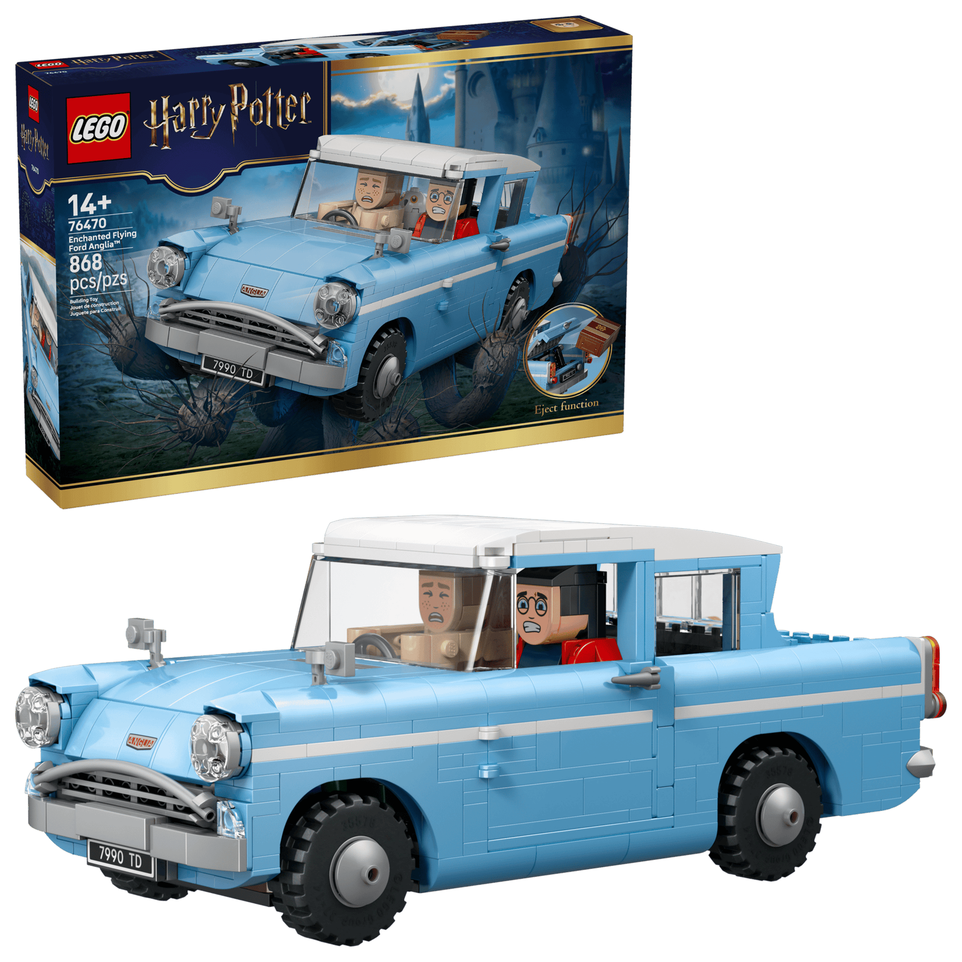The LEGO® Harry Potter™ Enchanted Flying Ford Anglia™, by Legos - Toyhouse, features the iconic car building set with two minifigures inside and the set box displayed in the background.