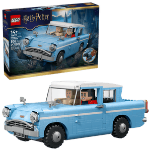 The LEGO® Harry Potter™ Enchanted Flying Ford Anglia™, by Legos - Toyhouse, features the iconic car building set with two minifigures inside and the set box displayed in the background.