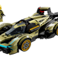 The LEGO® Speed Lamborghini Lambo V12 Vision GT Super Car by Legos - Toyhouse features a sleek black and gold design with a clear cockpit. It includes a figurine with blonde hair holding a helmet, capturing the Gran Turismo spirit.