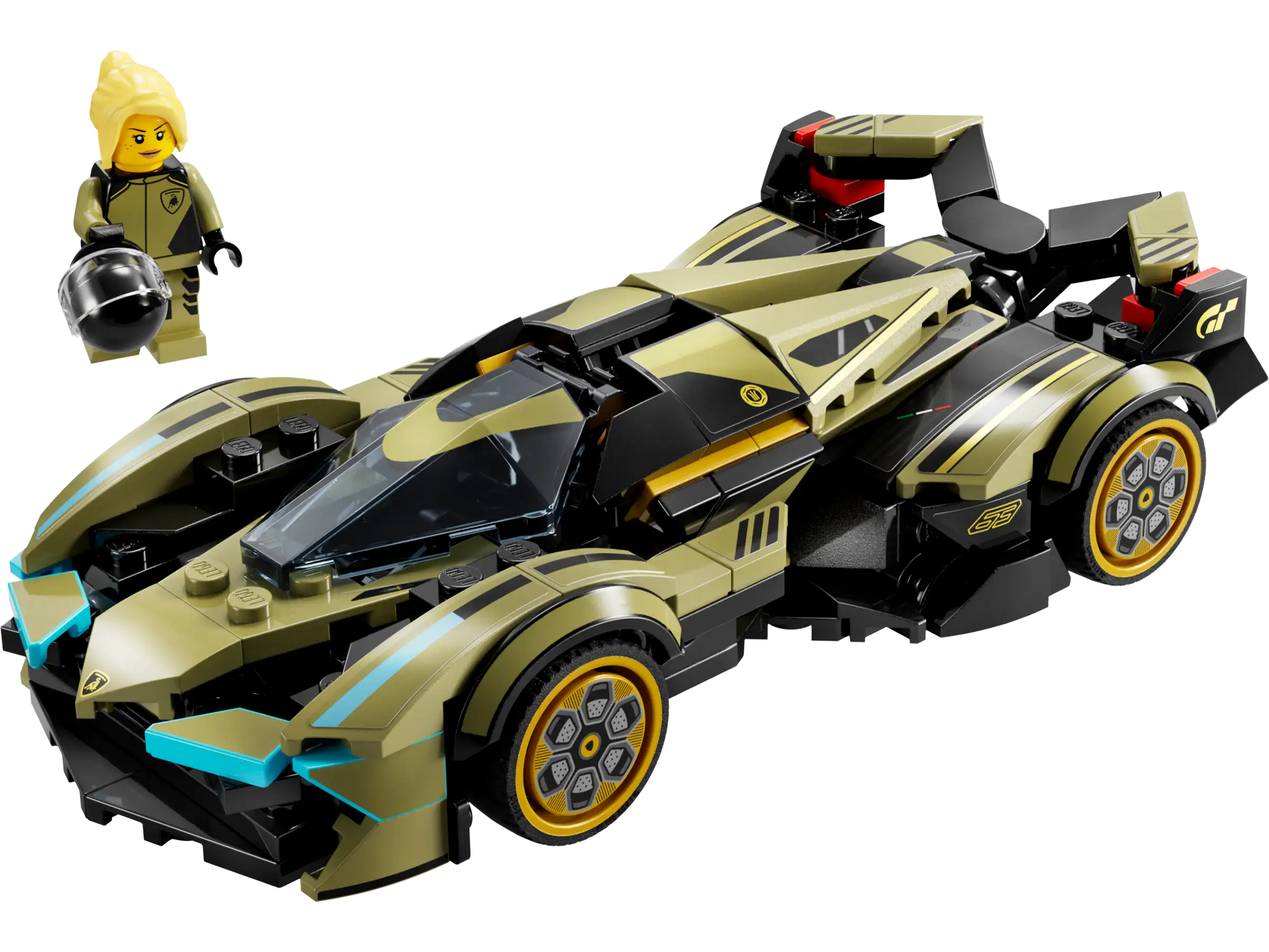 The LEGO® Speed Lamborghini Lambo V12 Vision GT Super Car by Legos - Toyhouse features a sleek black and gold design with a clear cockpit. It includes a figurine with blonde hair holding a helmet, capturing the Gran Turismo spirit.