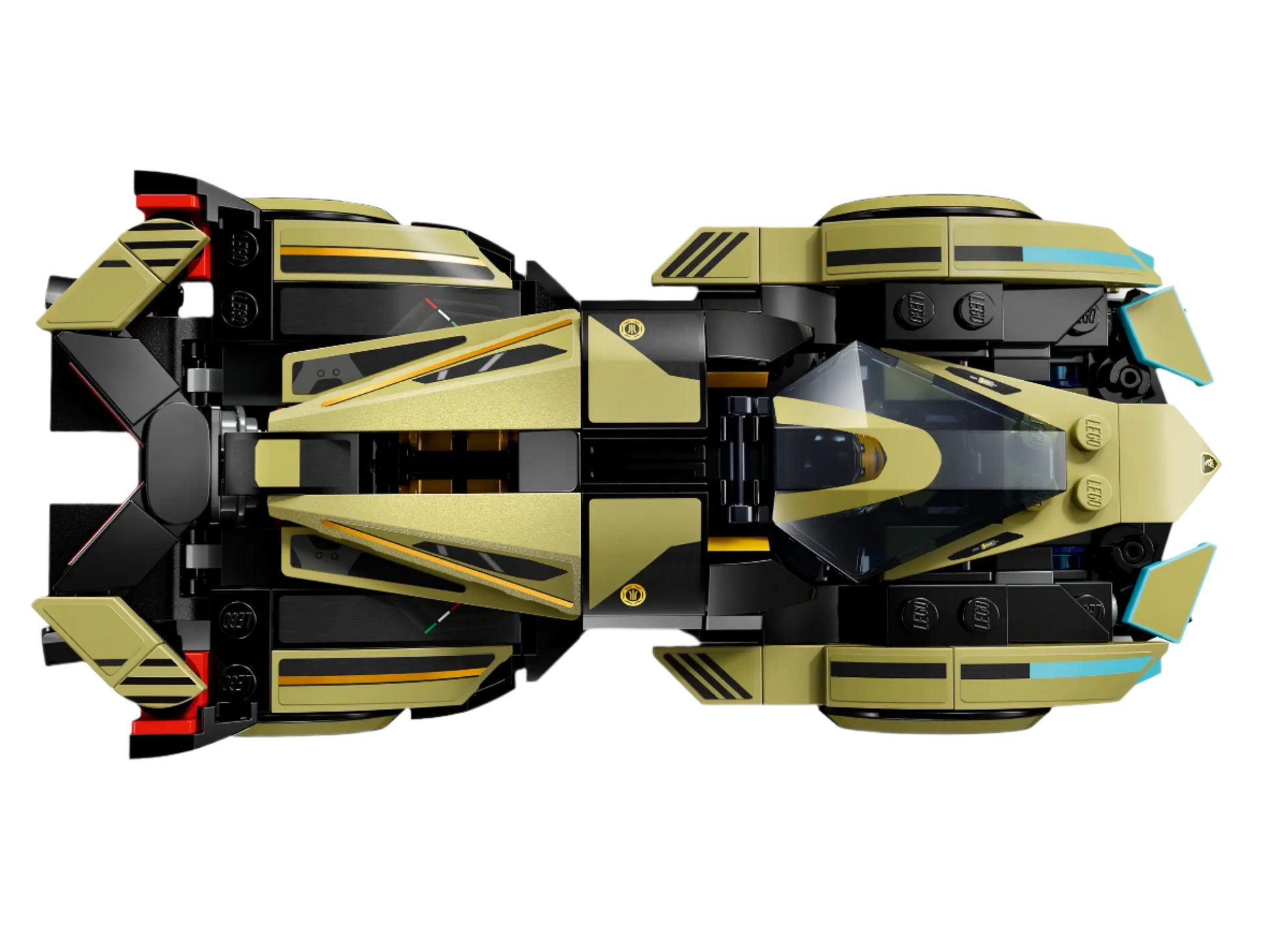 Get a bird's-eye view of the futuristic LEGO® Speed Lamborghini Lambo V12 Vision GT Super Car from Legos - Toyhouse. Its gold and black angular design with a transparent cockpit fits perfectly into the LEGO Speed Champions collection for Gran Turismo fans.