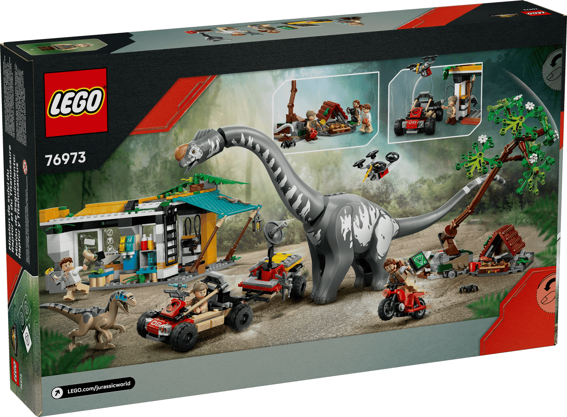 Legos - Toyhouse LEGO® Jurassic World™ Raptor & Titanosaurus Tracking Mission box features a thrilling dino adventure with vehicles, minifigures, a tree, and building structure—perfect for fans of dinosaur toys.