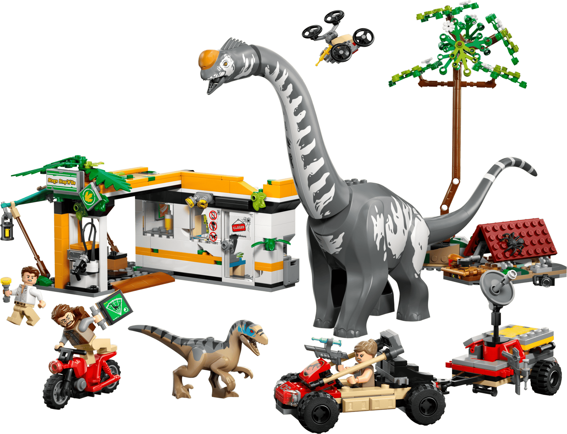 Bring the adventure home with the LEGO® Jurassic World™ Raptor & Titanosaurus Tracking Mission by Legos - Toyhouse, featuring dinosaur toys, vehicles, minifigures, a building, tree, and drone for epic play.