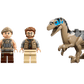 Three minifigures stand beside a dinosaur from the LEGO® Jurassic World™ Raptor & Titanosaurus Tracking Mission by Legos - Toyhouse, showcasing the adventurous set on a plain white background.