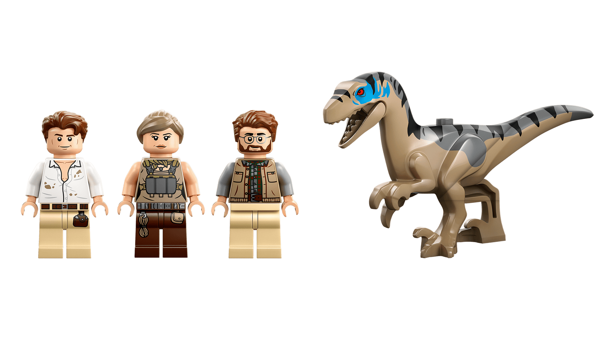 Three minifigures stand beside a dinosaur from the LEGO® Jurassic World™ Raptor & Titanosaurus Tracking Mission by Legos - Toyhouse, showcasing the adventurous set on a plain white background.
