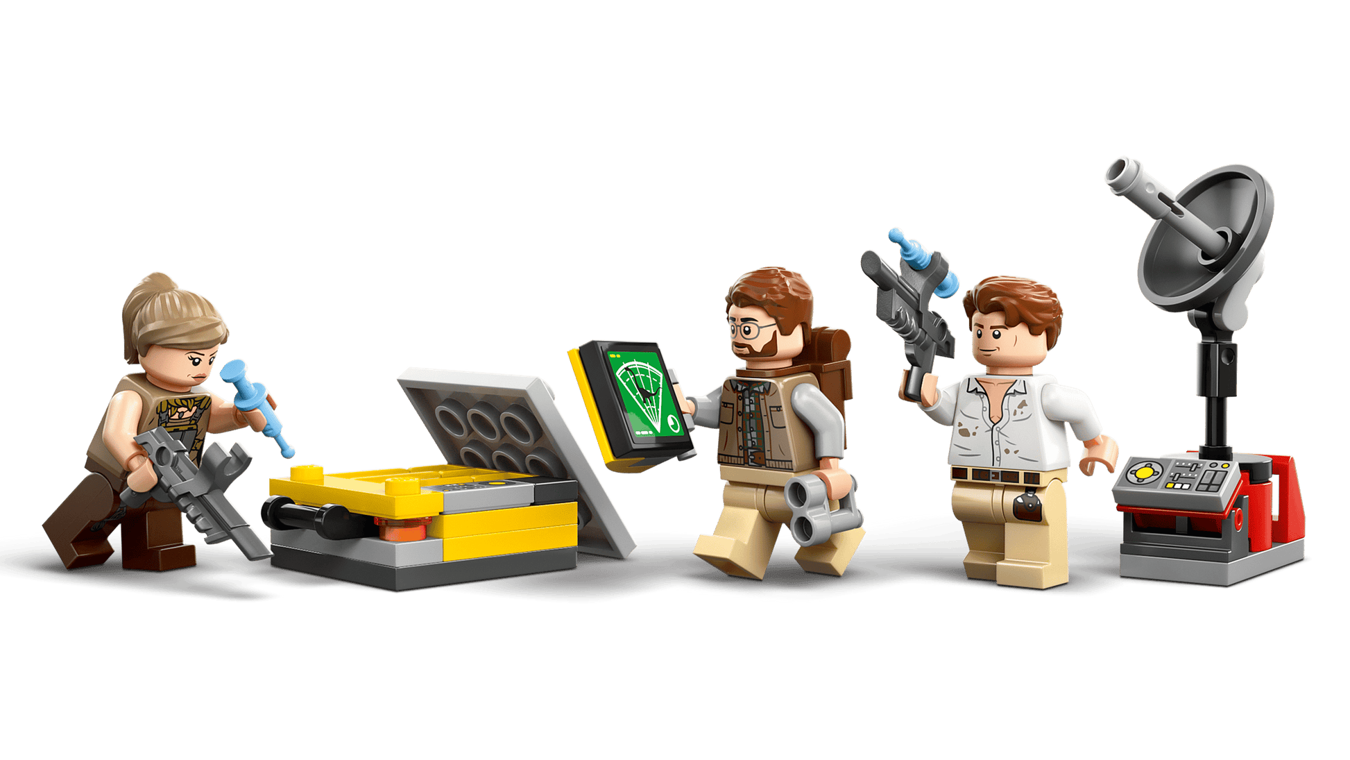 Three minifigures with tools and blasters surround a yellow container, tablet, and control panel with satellite dish—ideal for fans of dinosaur toys and the LEGO® Jurassic World™ Raptor & Titanosaurus Tracking Mission from Legos - Toyhouse.