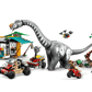 The LEGO® Jurassic World™ Raptor & Titanosaurus Tracking Mission by Legos - Toyhouse includes dinosaur figures, vehicles, a large gray dinosaur, small dinosaurs, a tree, building structure, and accessories—all on a white background.