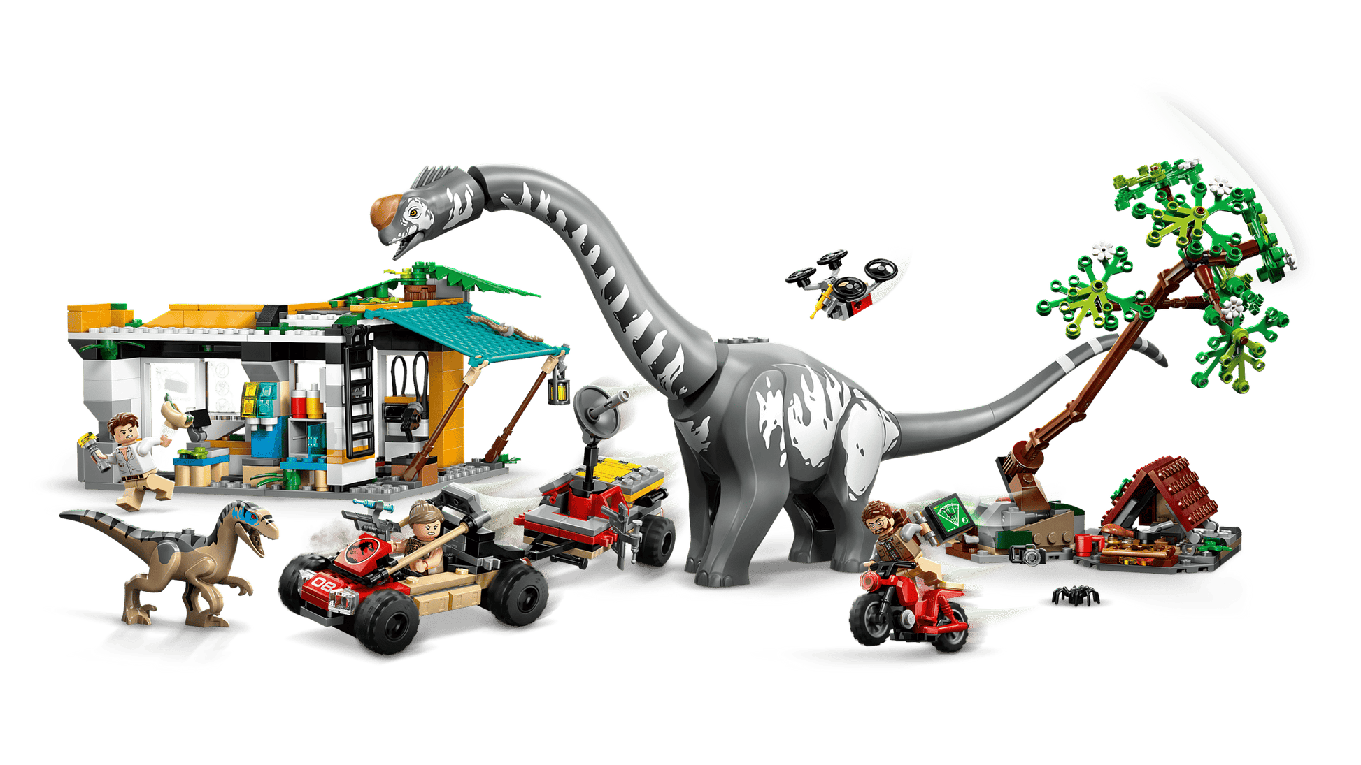 The LEGO® Jurassic World™ Raptor & Titanosaurus Tracking Mission by Legos - Toyhouse includes dinosaur figures, vehicles, a large gray dinosaur, small dinosaurs, a tree, building structure, and accessories—all on a white background.