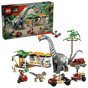 The Legos - Toyhouse LEGO® Jurassic World™ Raptor & Titanosaurus Tracking Mission playset features dinosaur figures, vehicles, minifigures, and building pieces; the kit box is shown in the background.