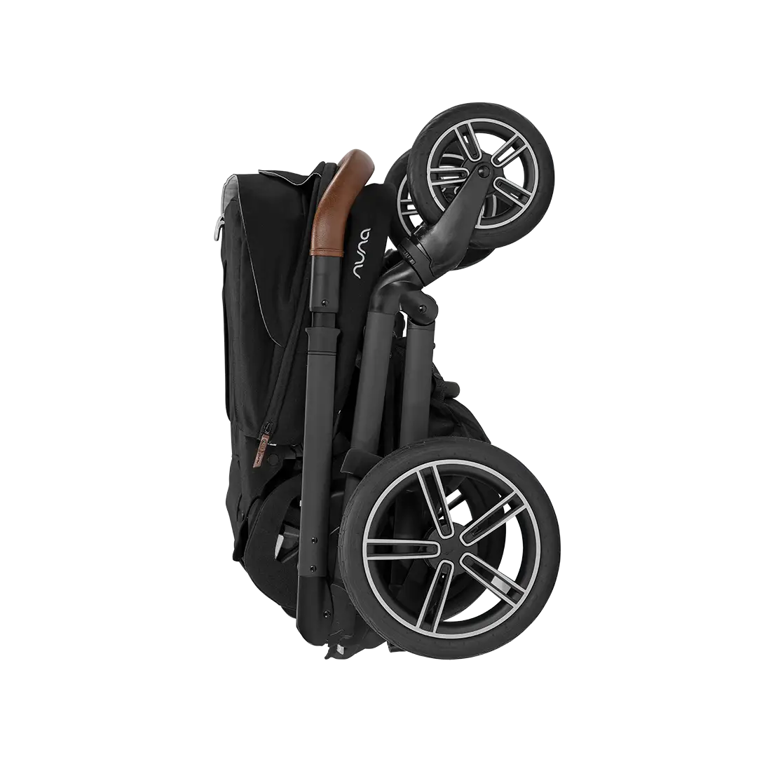 The Nuna MIXX Next Stroller, featuring a sleek and elegant design with black fabric, brown accents, and silver-rimmed wheels, offers a compact folding capability. It includes the MagneTech Secure Snap™ for added convenience and style while standing upright against a white background.