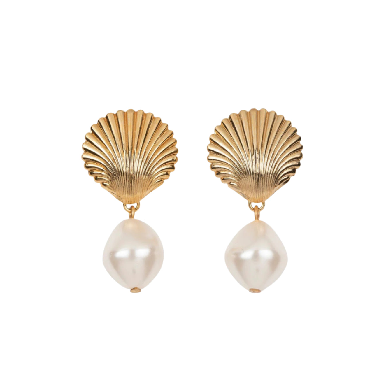 Jennifer Behr's Alana Earrings showcase golden scallop shells with dangling baroque pearls, elegantly presented on a plain white background.
