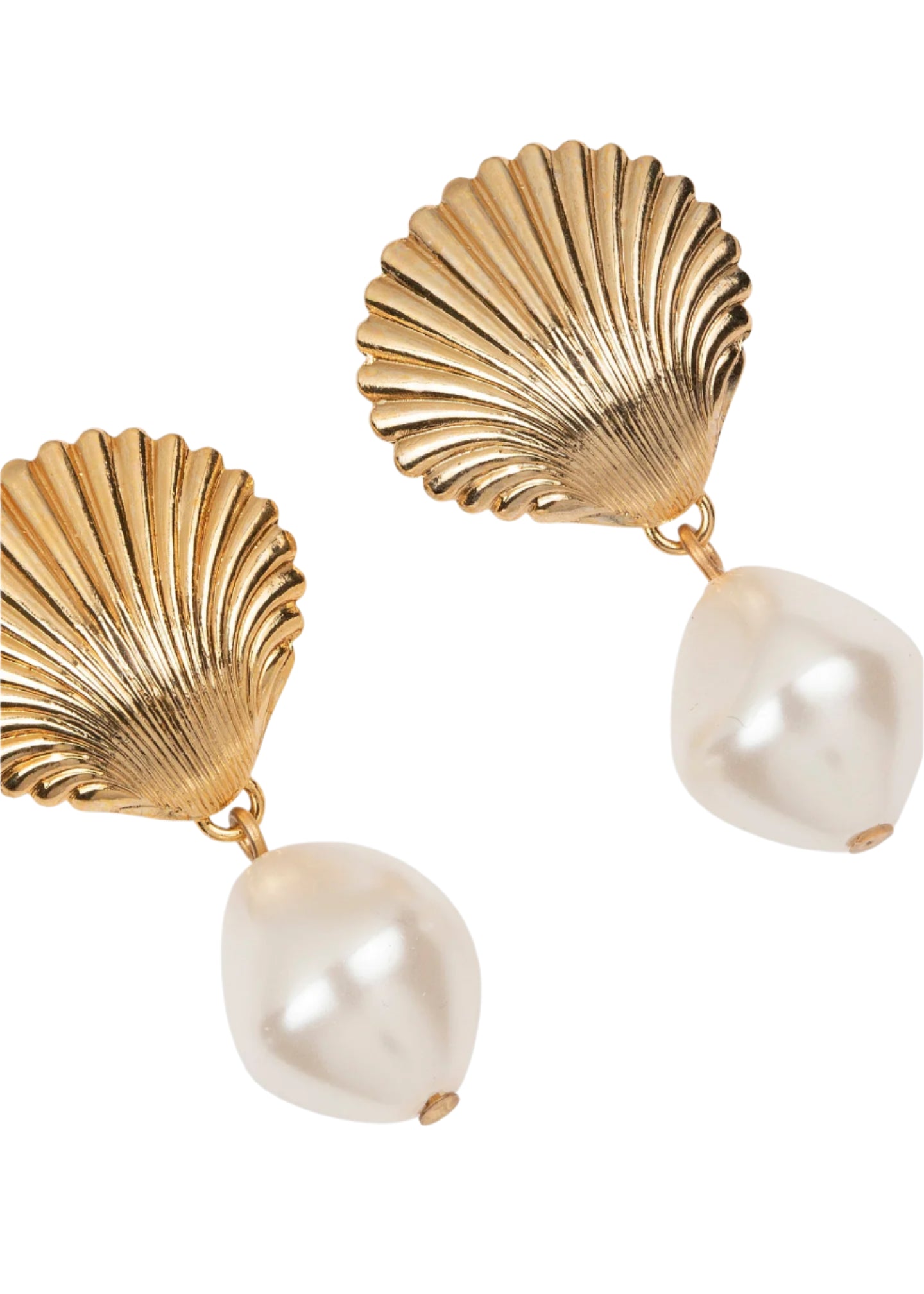 Jennifer Behr Alana Earrings showcase golden scallop shell designs with dangling baroque pearls, set against a white background.