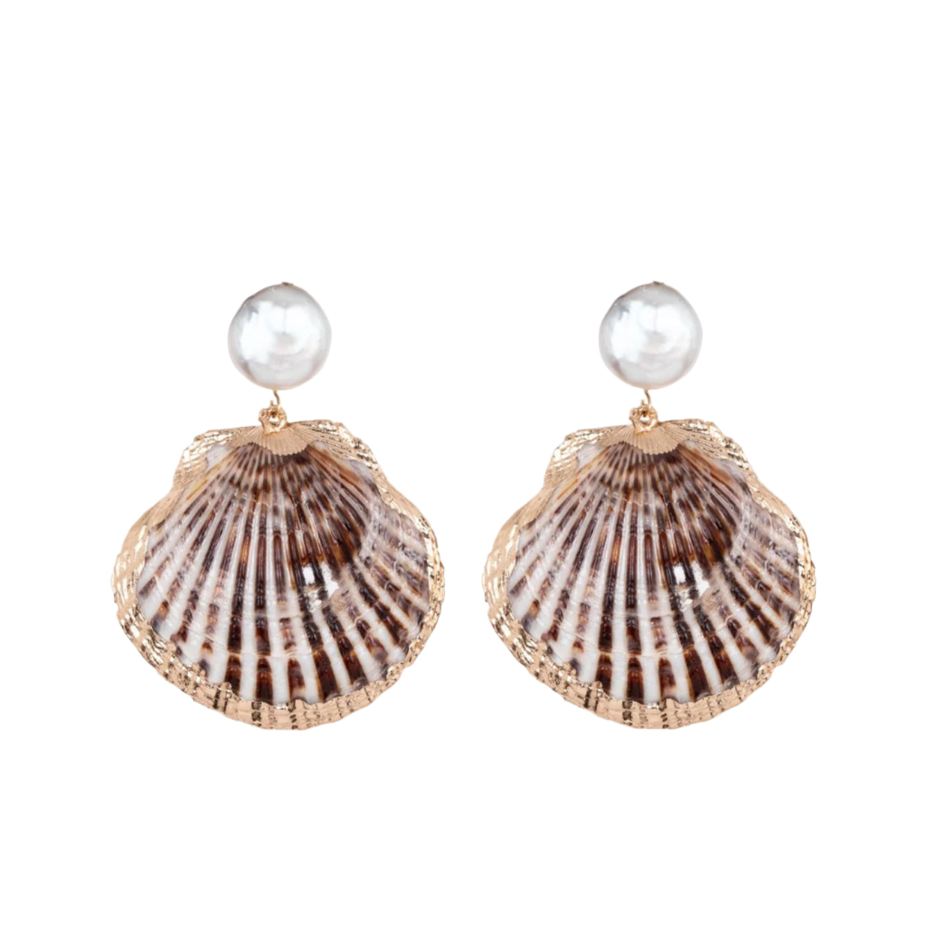 The Jennifer Behr Folly Earrings showcase round crystal pearl studs with gold-rimmed brown natural seashell pendants, elegantly displayed on a white background.