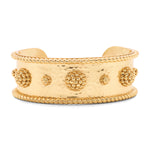 The Berry Classic Cuff by Juliska Capucine De Wulf features a hammered gold finish with raised beaded circles and twisted rope edges—perfect as a statement piece or layered bracelet for any occasion.