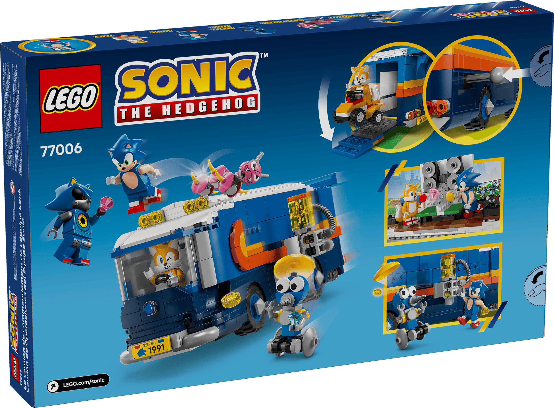 The LEGO® Sonic the Hedgehog™ Team Sonic Command Truck by Legos - Toyhouse features Sonic, Tails, a blue and yellow gaming truck toy, fun accessories, and vibrant play scenes—perfect for any Sonic fan.