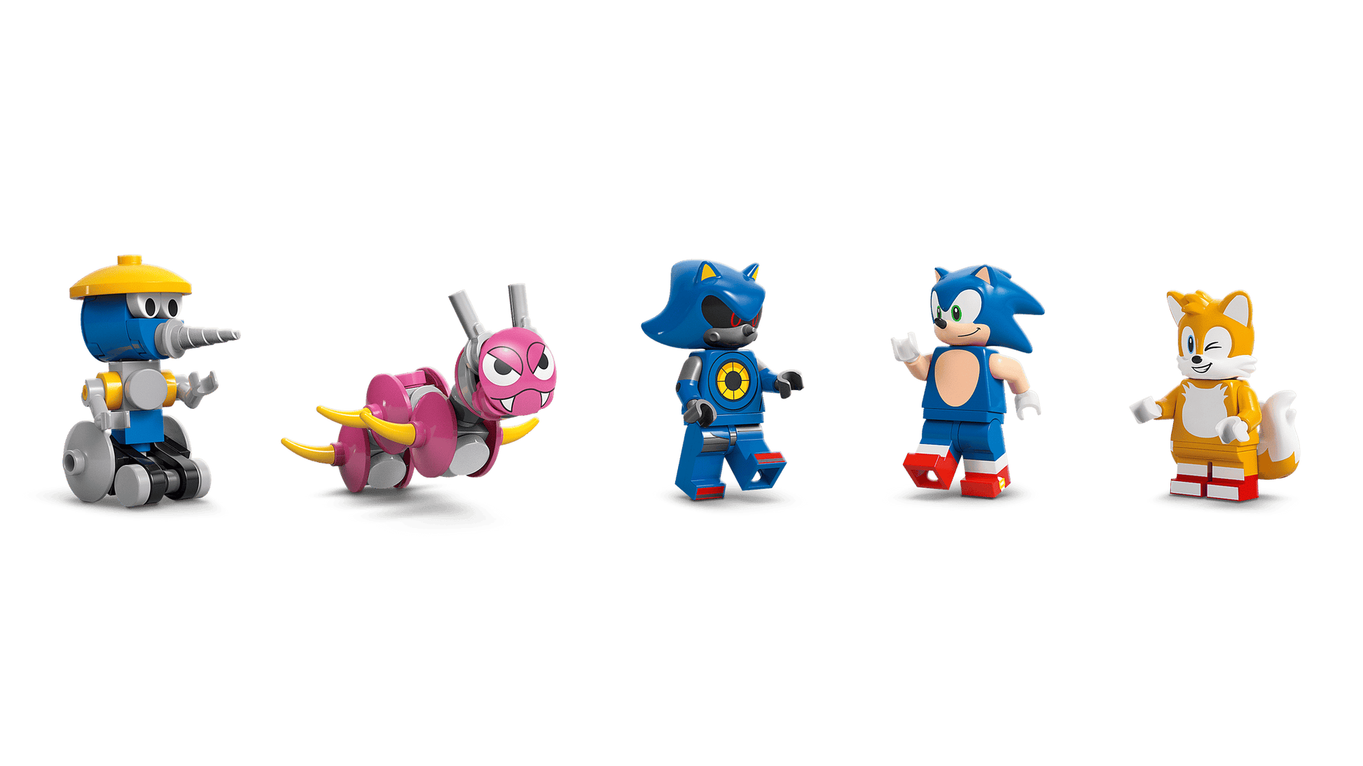 The LEGO® Sonic the Hedgehog™ Team Sonic Command Truck by Legos - Toyhouse displays five minifigures, including Sonic, Tails, and Metal Sonic—a must-have set for any collector of Sonic toys.