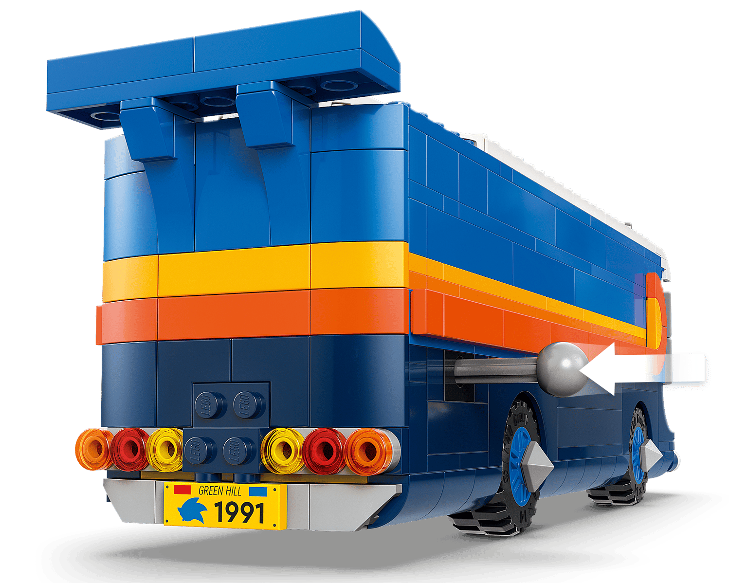 The LEGO® Sonic the Hedgehog™ Team Sonic Command Truck by Legos - Toyhouse is a blue, orange, and yellow van with a rear spoiler, side exhaust, and "GREEN HILL 1991" license plate, inspired by Sonic toy designs.