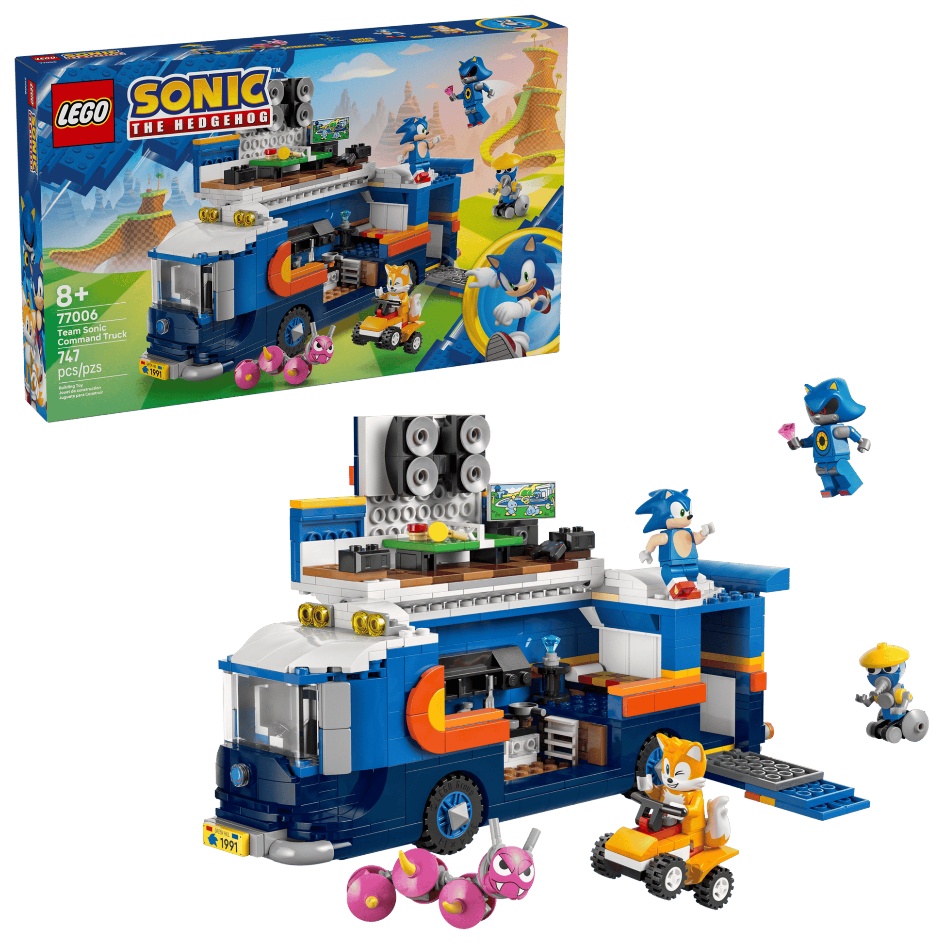 The LEGO® Sonic the Hedgehog™ Team Sonic Command Truck by Legos - Toyhouse includes a blue gaming truck, Sonic, Tails, and characters, with its box displayed in the background.