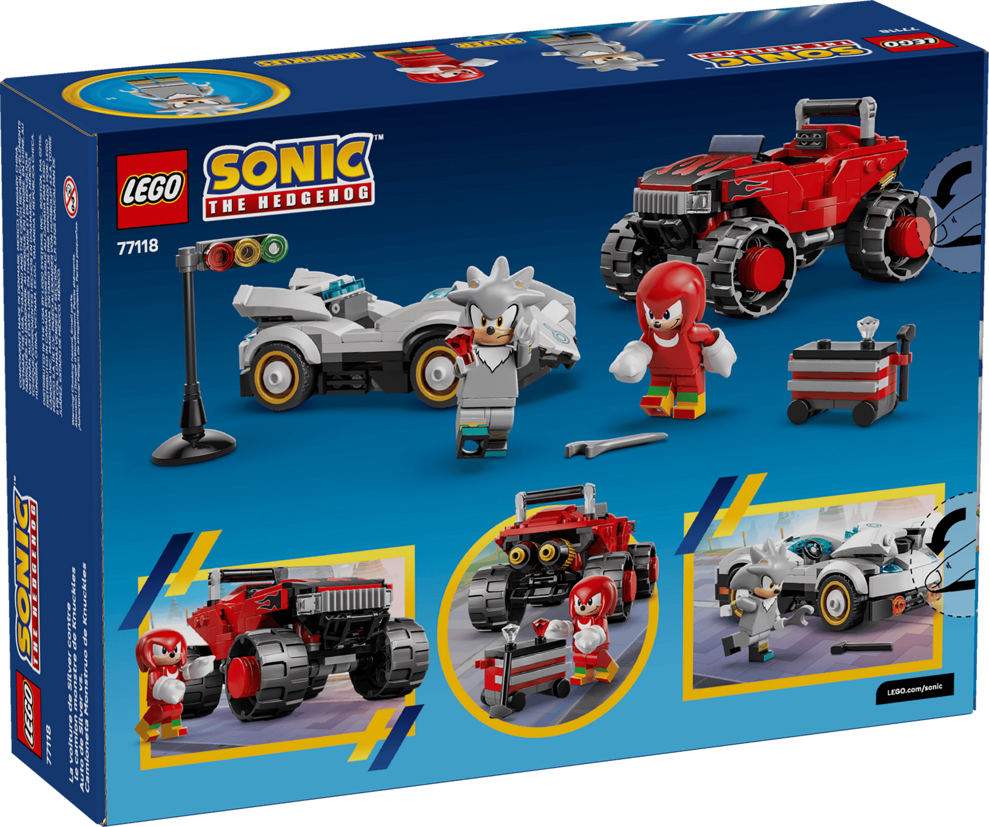 The back of the LEGO® Sonic the Hedgehog™ Silver's Car vs. Knuckles' Monster Truck box by Legos - Toyhouse shows two vehicles, a tool cart, tools, racing accessories, and action scenes—ideal for video game fans.