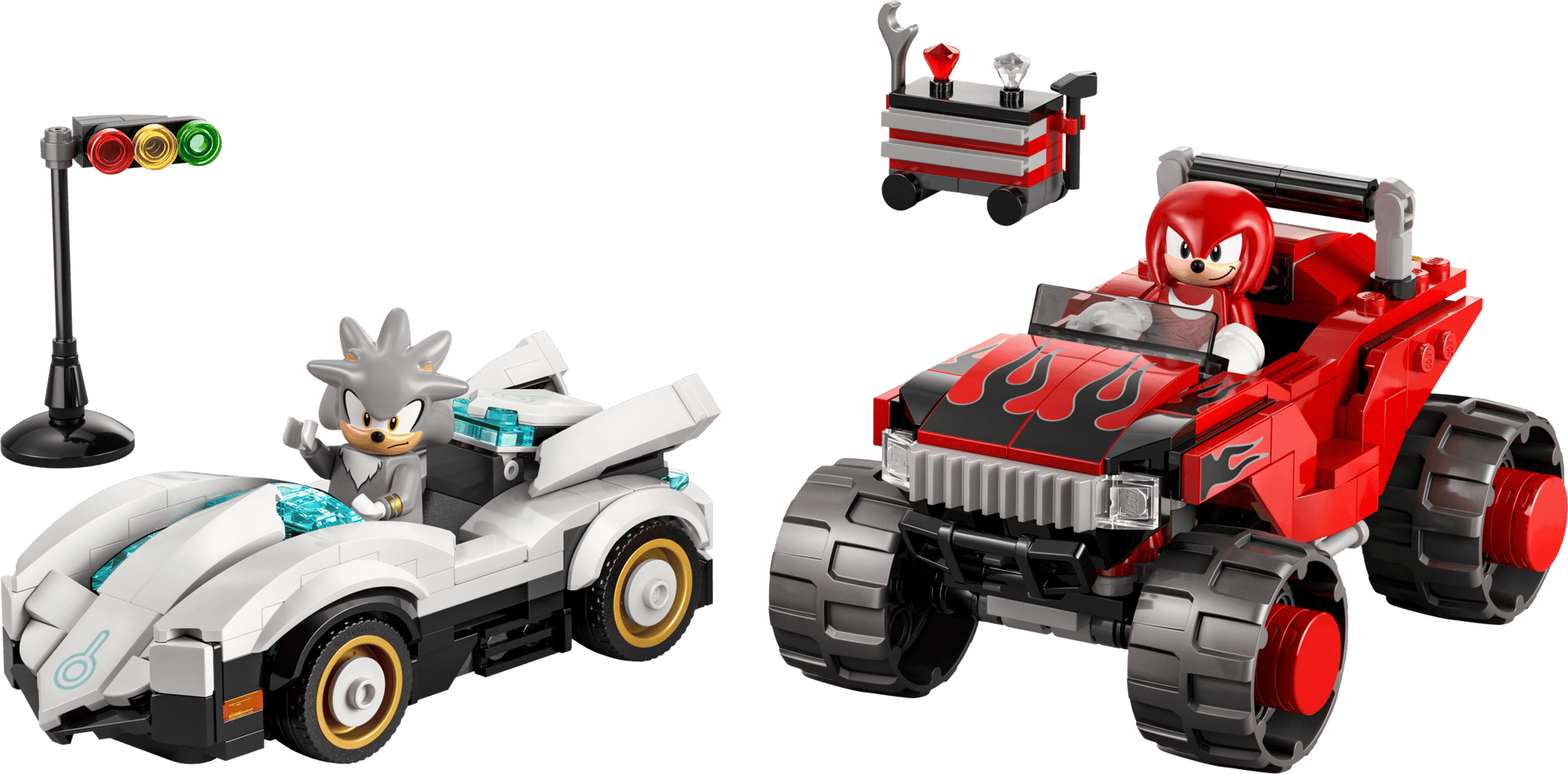 Race into action with the Legos - Toyhouse LEGO® Sonic the Hedgehog™ Silver's Car vs. Knuckles' Monster Truck set, featuring cool vehicles, a traffic light, and a toolbox for endless adventures!.