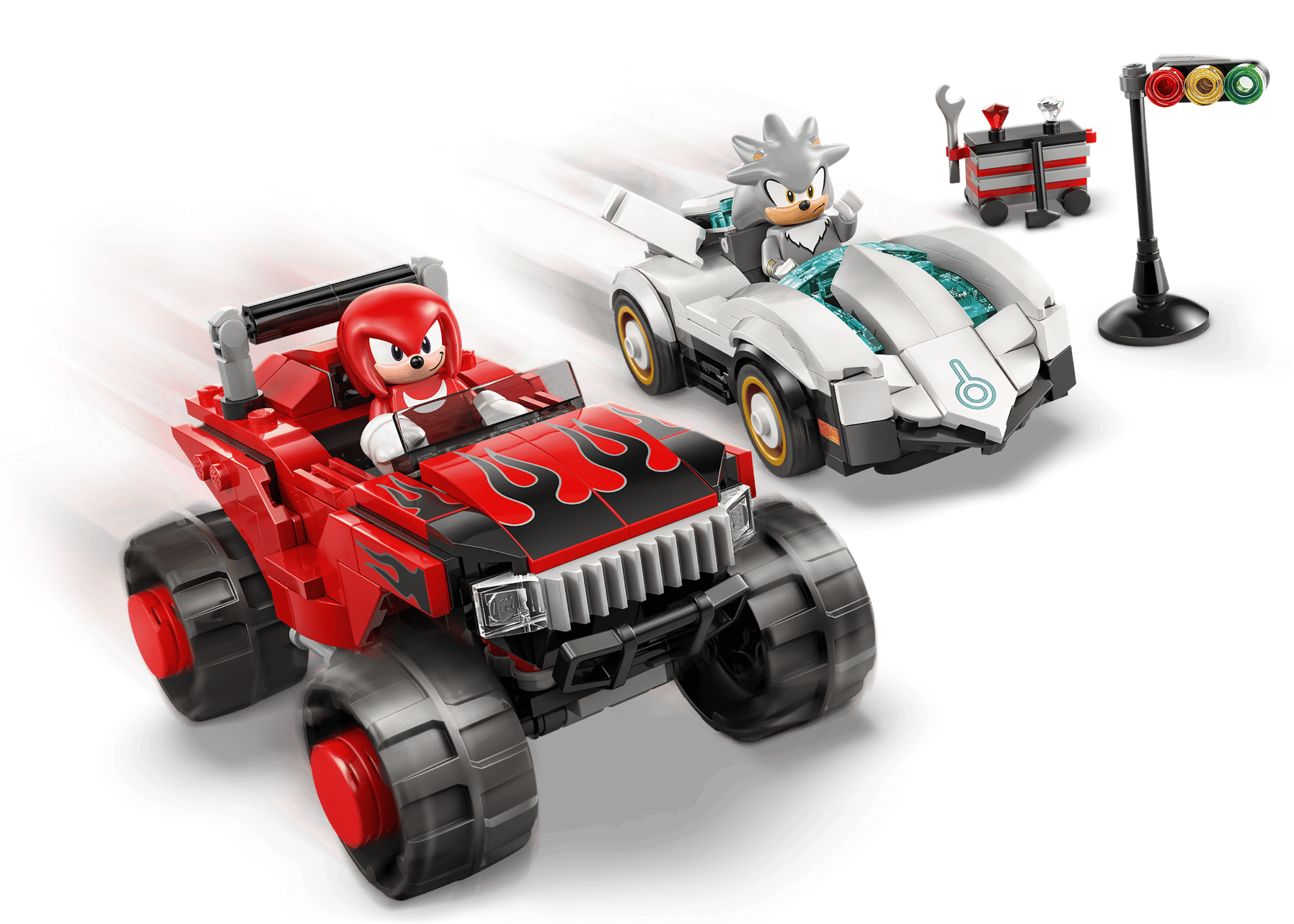 Experience high-speed fun with the Legos - Toyhouse LEGO® Sonic the Hedgehog™ Silver's Car vs. Knuckles' Monster Truck set, featuring character figures, tools, and a traffic light for exciting racing adventures!.