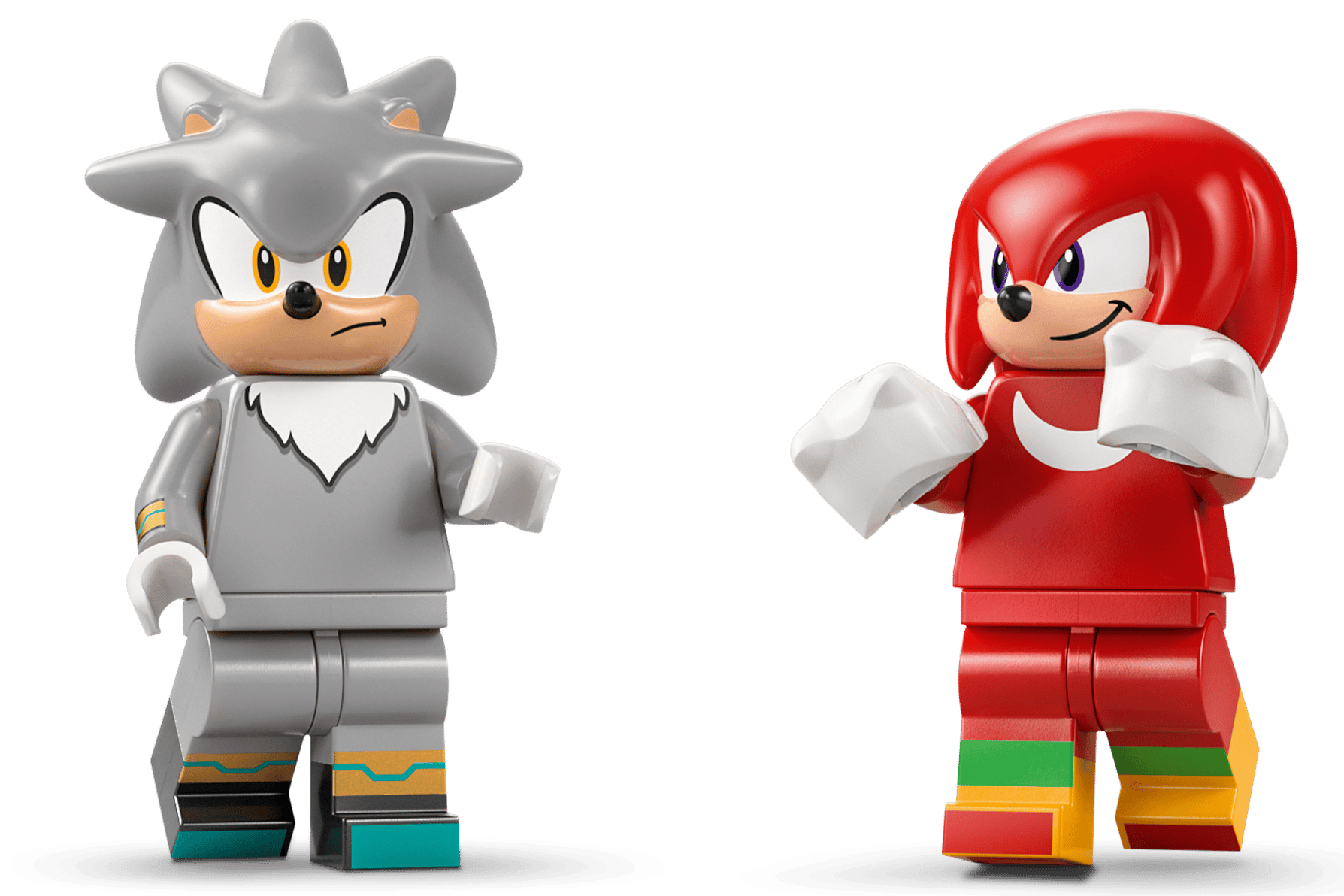 The LEGO® Sonic the Hedgehog™ Silver's Car vs. Knuckles' Monster Truck set by Legos - Toyhouse includes detailed Silver and Knuckles minifigures with expressive faces for exciting, video game-inspired building adventures.