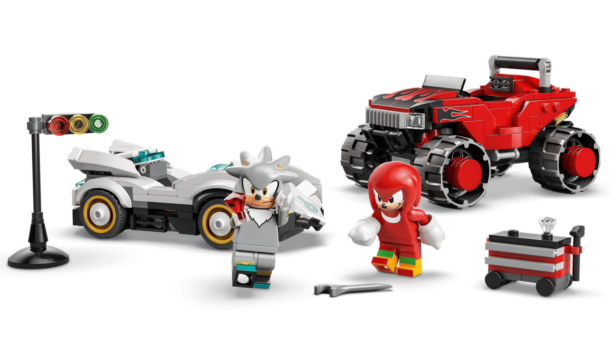The LEGO® Sonic the Hedgehog™ Silver's Car vs. Knuckles' Monster Truck by Legos - Toyhouse features two mini-figures, vehicles, a toolbox, and a traffic light displayed on a white background in this video game building set.