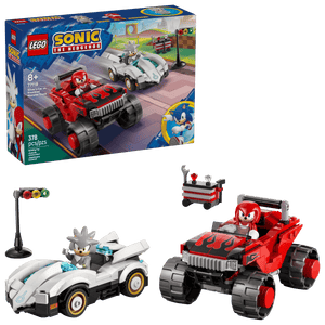 The Legos - Toyhouse LEGO® Sonic the Hedgehog™ Silver's Car vs. Knuckles' Monster Truck set includes mini-figures of Knuckles and another character, buildable cars, a traffic light, toolbox, and a display box with set details.