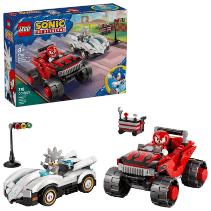 The Legos - Toyhouse LEGO® Sonic the Hedgehog™ Silver's Car vs. Knuckles' Monster Truck set includes mini-figures of Knuckles and another character, buildable cars, a traffic light, toolbox, and a display box with set details.