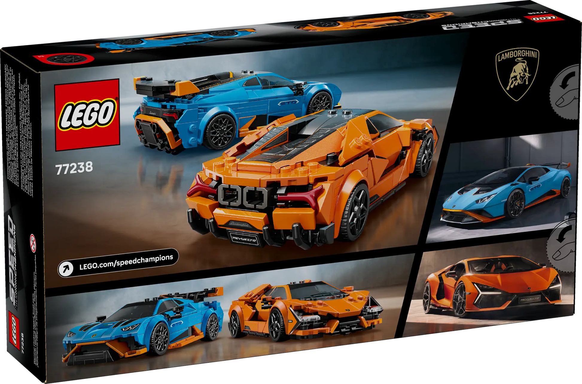 The LEGO® Speed Champions Lamborghini Revuelto & Huracán STO set by Legos - Toyhouse features blue and orange Lamborghini toy cars in a box with images of the car kits and the Lamborghini logo on the right.
