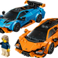 The LEGO® Speed Champions Lamborghini Revuelto & Huracán STO by Legos - Toyhouse features two sports cars—one blue, one orange—with two LEGO minifigures standing beside them.