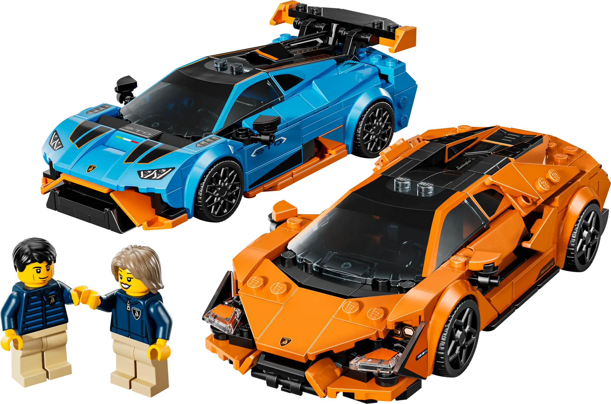 The LEGO® Speed Champions Lamborghini Revuelto & Huracán STO by Legos - Toyhouse features two sports cars—one blue, one orange—with two LEGO minifigures standing beside them.