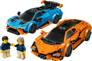 The LEGO® Speed Champions Lamborghini Revuelto & Huracán STO by Legos - Toyhouse features two sports cars—one blue, one orange—with two LEGO minifigures standing beside them.