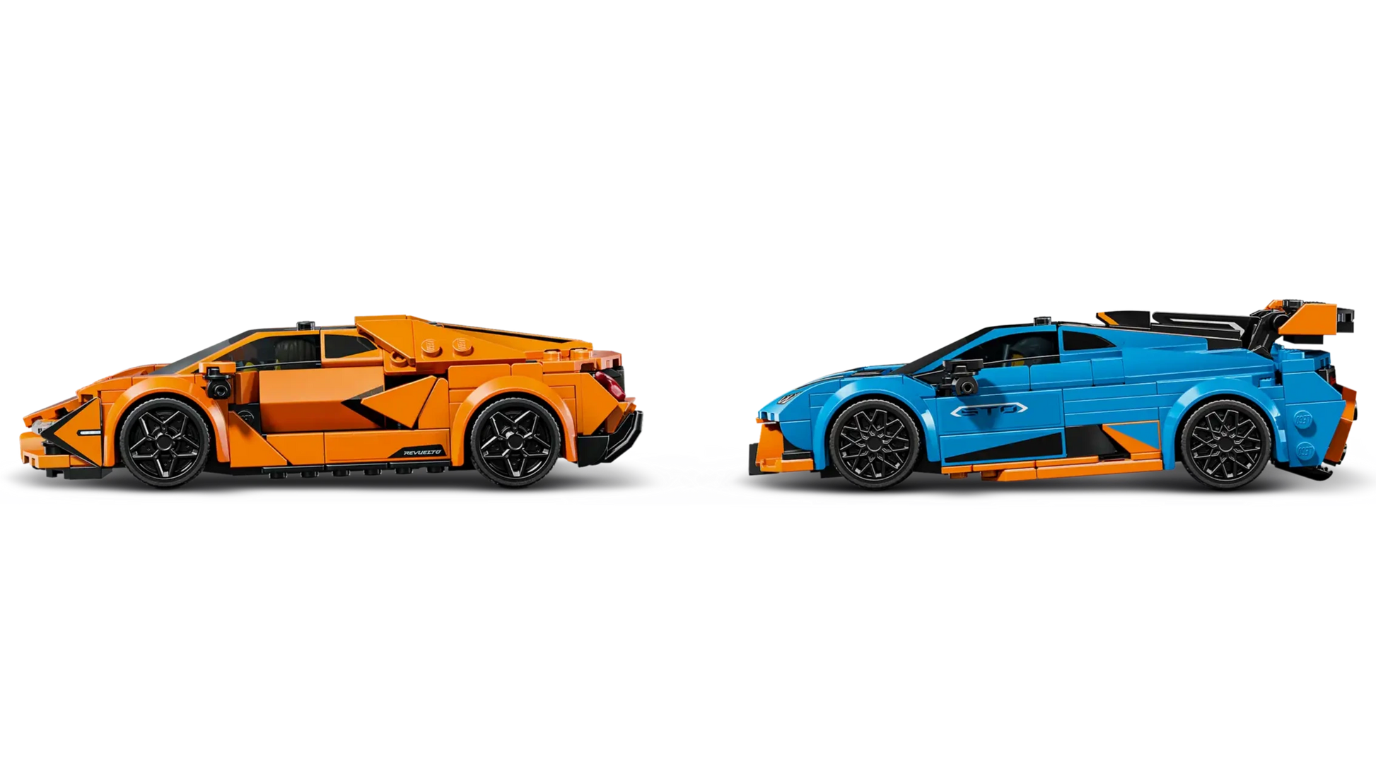 The LEGO® Speed Champions Lamborghini Revuelto & Huracán STO set by Legos - Toyhouse includes two detailed model cars, orange and blue, displayed side by side—ideal for fans of car building kits.