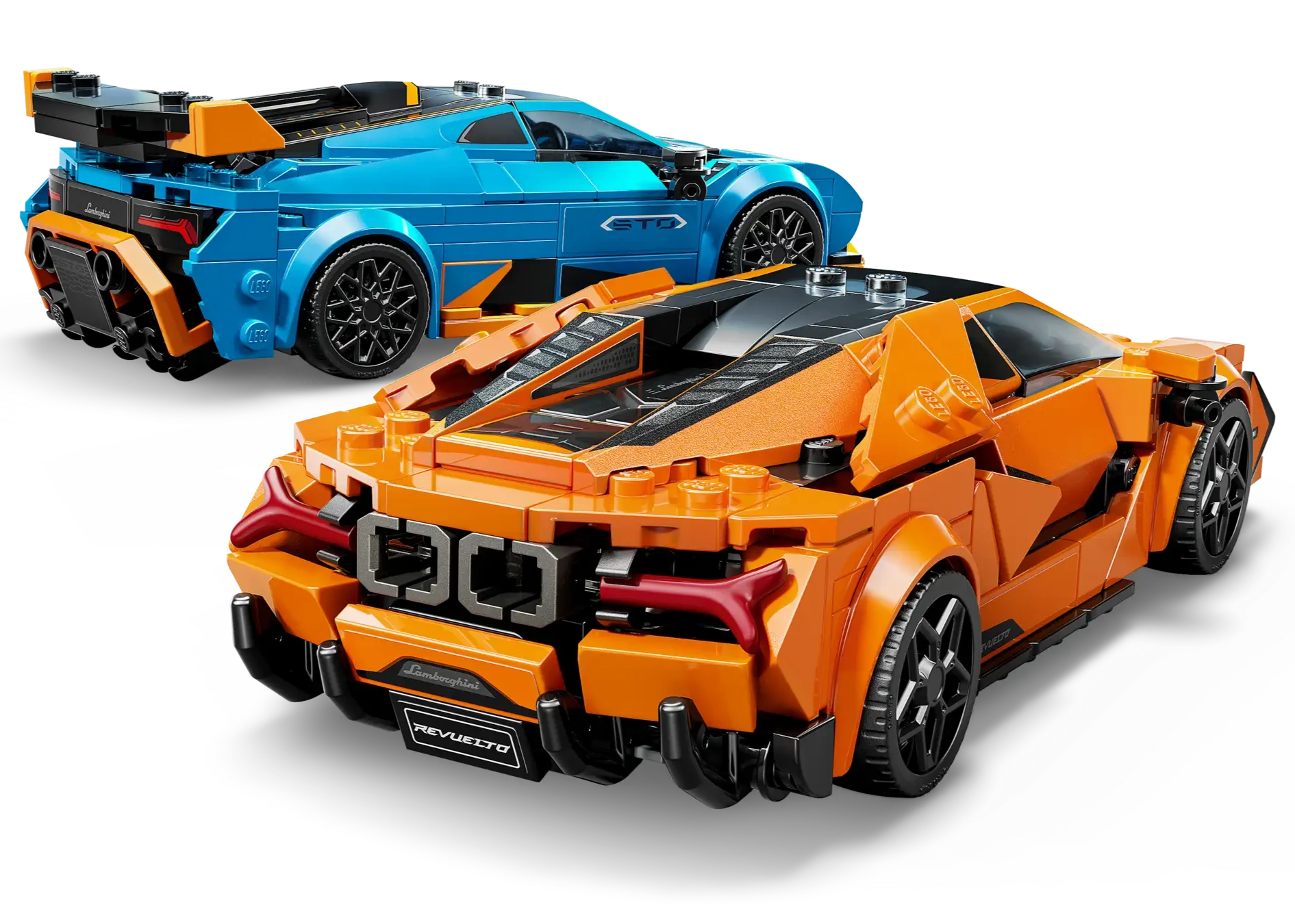 Two LEGO® Speed Champions Lamborghini Revuelto & Huracán STO model cars by Legos - Toyhouse, in orange and blue, feature sporty details and decals—ideal for car building kit fans.